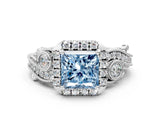 White gold Fancy Blue Princess Cut Halo Diamond Ring with Milgrain and Bezel Accents on a Split Shank Band_24