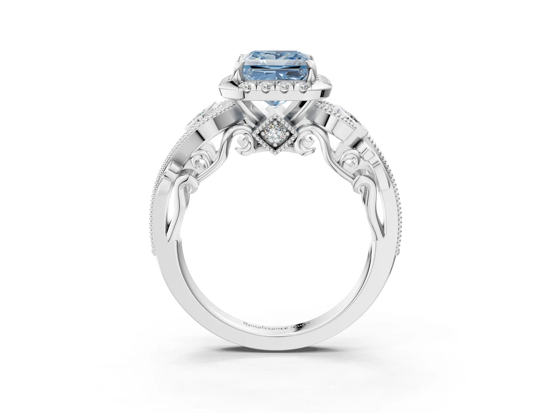 White gold Fancy Blue Princess Cut Halo Diamond Ring with Milgrain and Bezel Accents on a Split Shank Band_27
