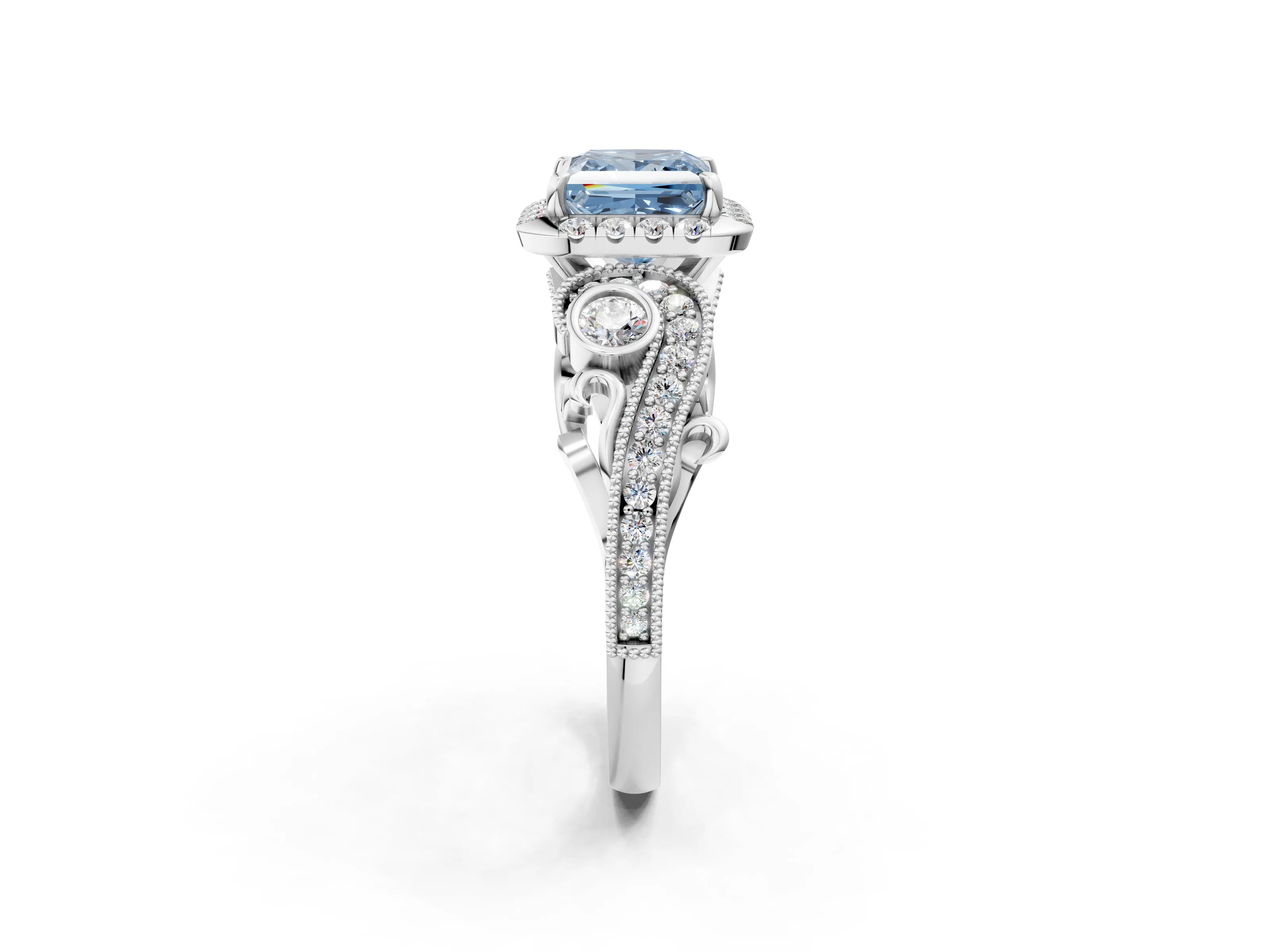 White gold Fancy Blue Princess Cut Halo Diamond Ring with Milgrain and Bezel Accents on a Split Shank Band_2