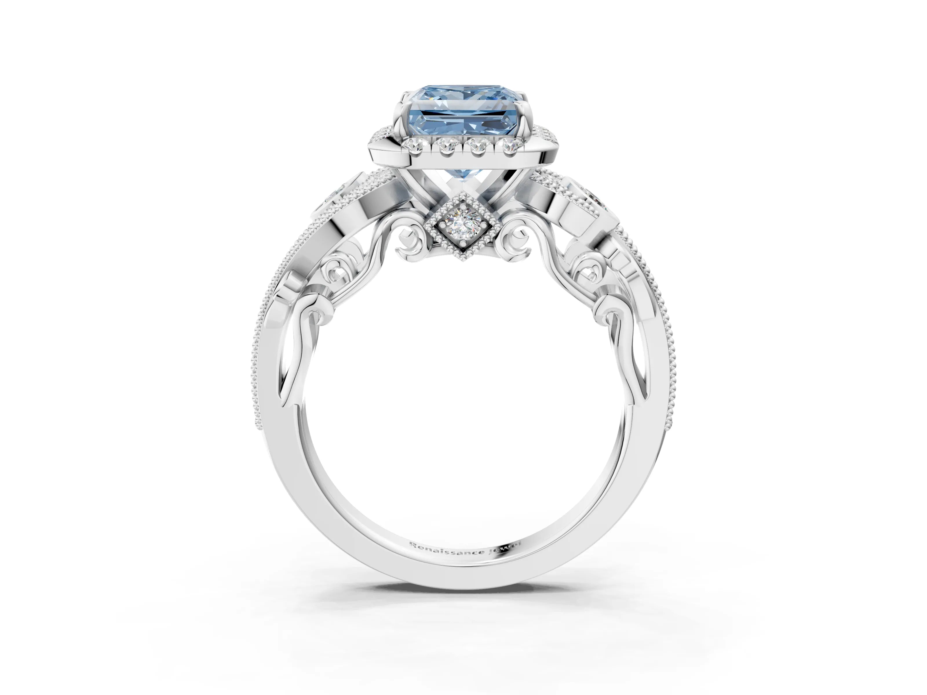 White gold Fancy Blue Princess Cut Halo Diamond Ring with Milgrain and Bezel Accents on a Split Shank Band_3