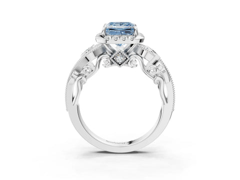 White gold Fancy Blue Princess Cut Halo Diamond Ring with Milgrain and Bezel Accents on a Split Shank Band_3