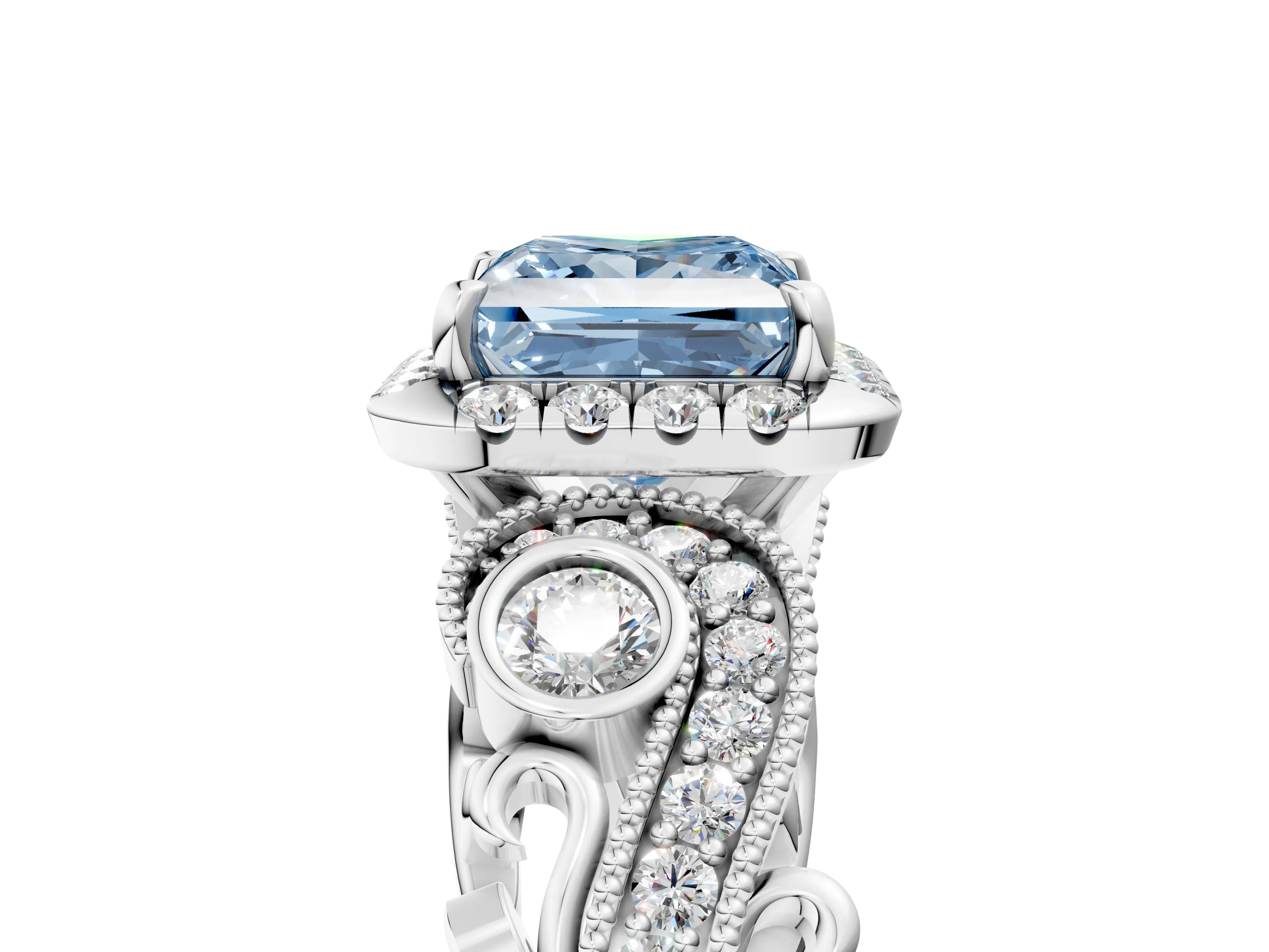 White gold Fancy Blue Princess Cut Halo Diamond Ring with Milgrain and Bezel Accents on a Split Shank Band_5