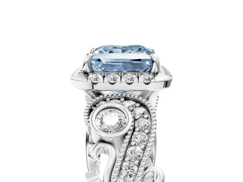 White gold Fancy Blue Princess Cut Halo Diamond Ring with Milgrain and Bezel Accents on a Split Shank Band_5