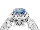 White gold Fancy Blue Princess Cut Halo Diamond Ring with Milgrain and Bezel Accents on a Split Shank Band_7