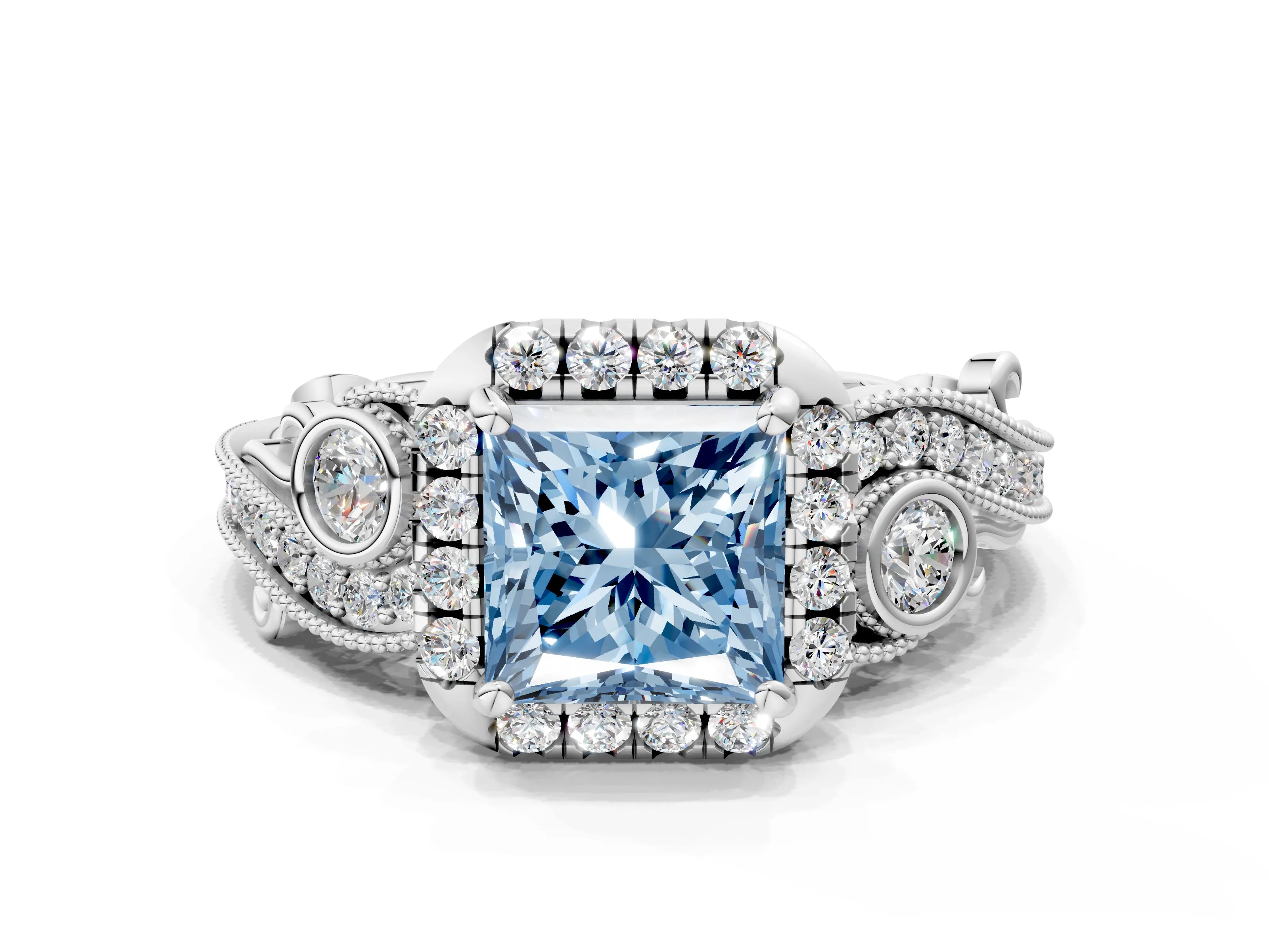 White gold Fancy Blue Princess Cut Halo Diamond Ring with Milgrain and Bezel Accents on a Split Shank Band