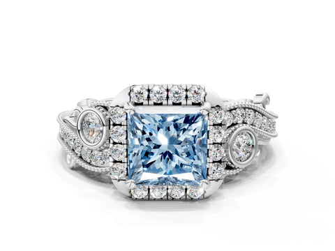 White gold Fancy Blue Princess Cut Halo Diamond Ring with Milgrain and Bezel Accents on a Split Shank Band