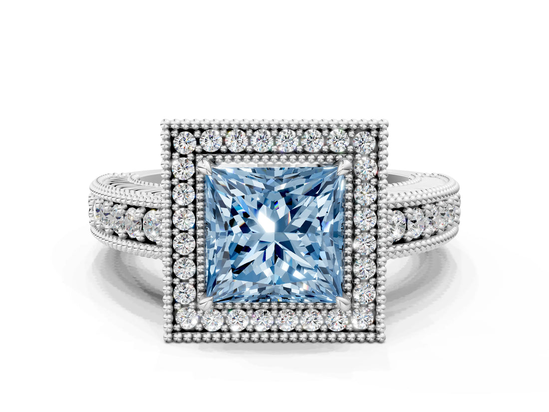 White gold Fancy Blue Princess  Cut Halo Diamond Ring with Pavé Band and Four-Prong Setting_51