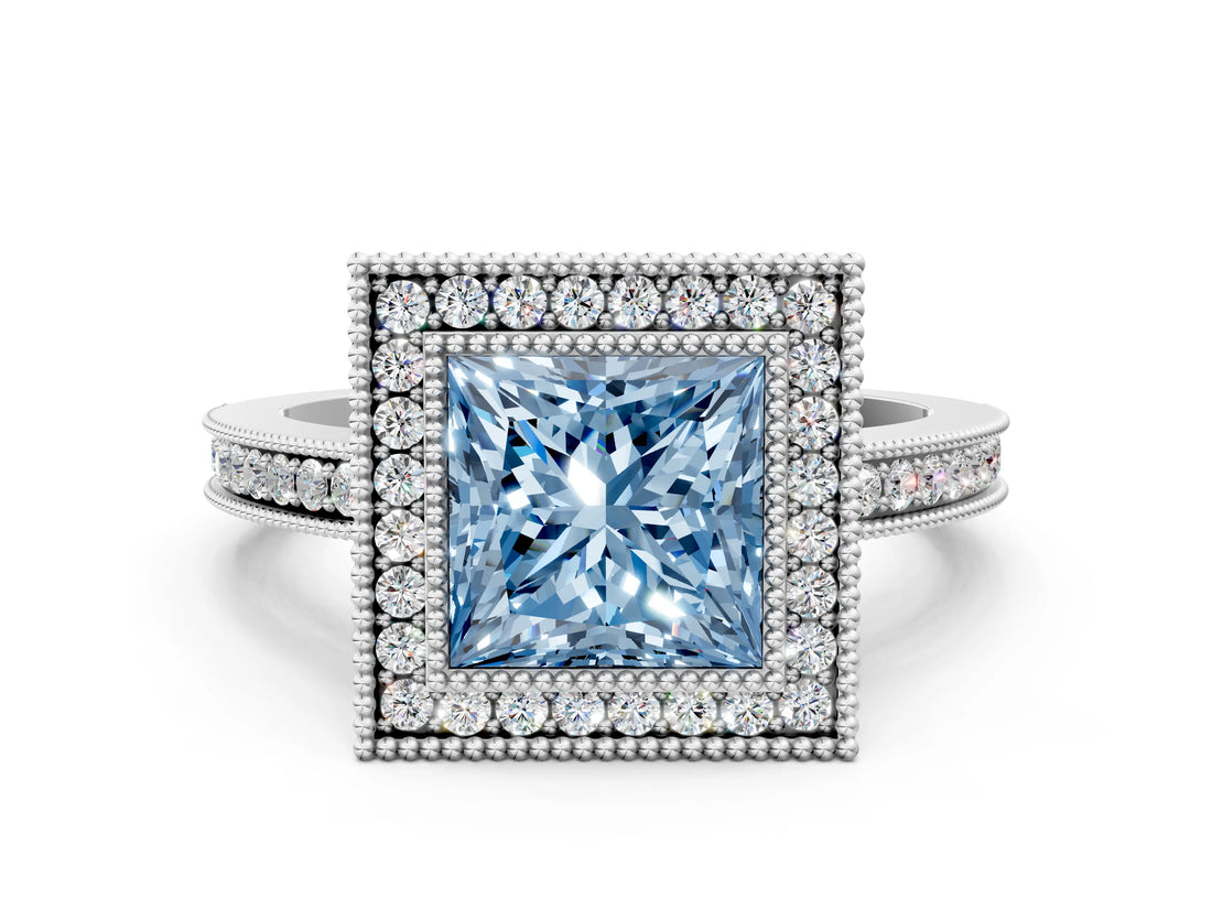 White gold Fancy Blue Princess  Cut Halo Diamond Ring with Pavé Band and Milgrain Prong Setting_55