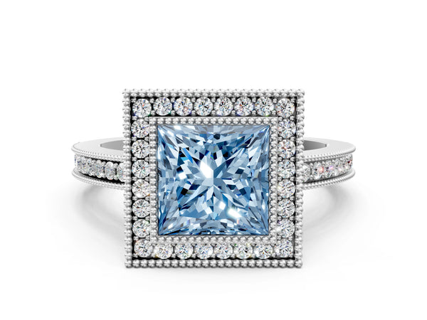 White gold Fancy Blue Princess  Cut Halo Diamond Ring with Pavé Band and Milgrain Prong Setting