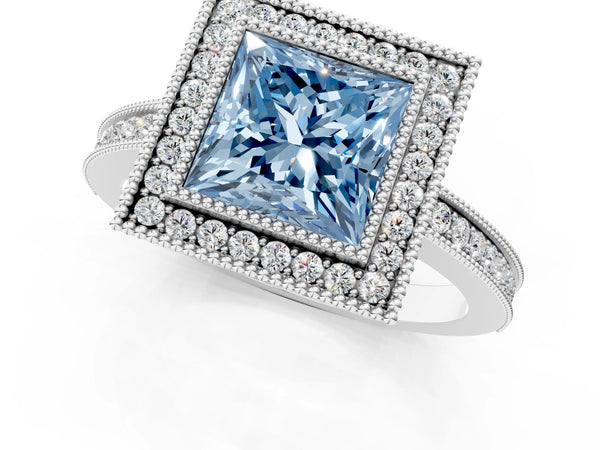 White gold Fancy Blue Princess  Cut Halo Diamond Ring with Pavé Band and Milgrain Prong Setting