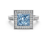 White gold Fancy Blue Princess  Cut Halo Diamond Ring with Pavé Band and Milgrain Prong Setting_56