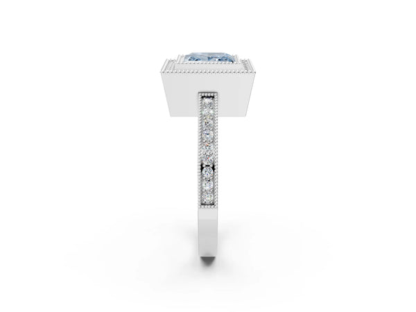 White gold Fancy Blue Princess  Cut Halo Diamond Ring with Pavé Band and Milgrain Prong Setting