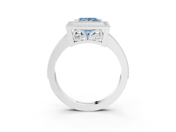 White gold Fancy Blue Princess  Cut Halo Diamond Ring with Pavé Band and Milgrain Prong Setting