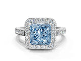 White gold Fancy Blue Princess Cut Halo Diamond Ring with Pavé Band and Three-Prong Setting_12