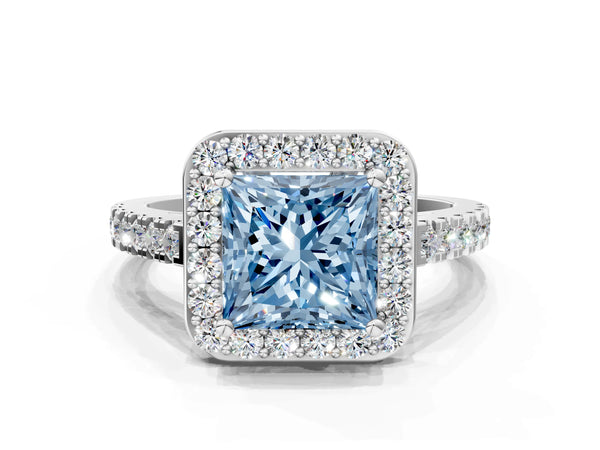 White gold Fancy Blue Princess Cut Halo Diamond Ring with Pavé Band and Three-Prong Setting