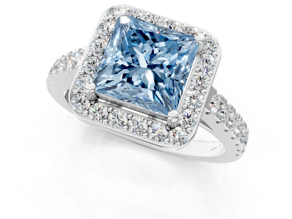 White gold Fancy Blue Princess Cut Halo Diamond Ring with Pavé Band and Three-Prong Setting