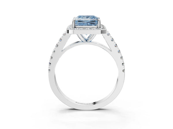 White gold Fancy Blue Princess Cut Halo Diamond Ring with Pavé Band and Three-Prong Setting