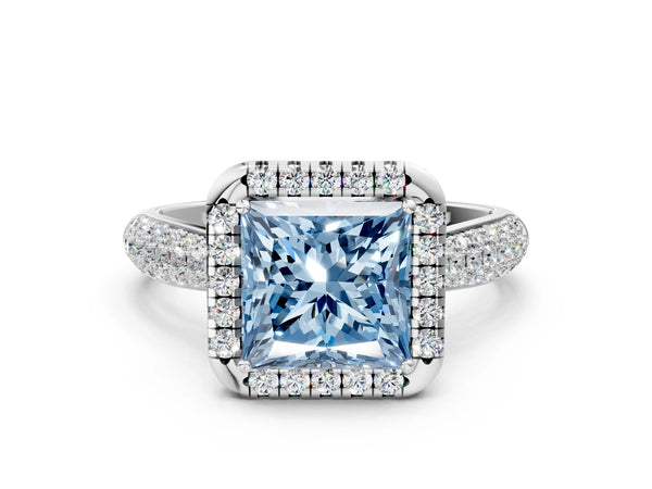 Platinum Fancy Blue Princess Cut Halo Diamond Ring with Pavé Band