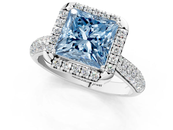 Platinum Fancy Blue Princess Cut Halo Diamond Ring with Pavé Band