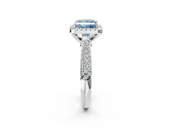 Platinum Fancy Blue Princess Cut Halo Diamond Ring with Pavé Band