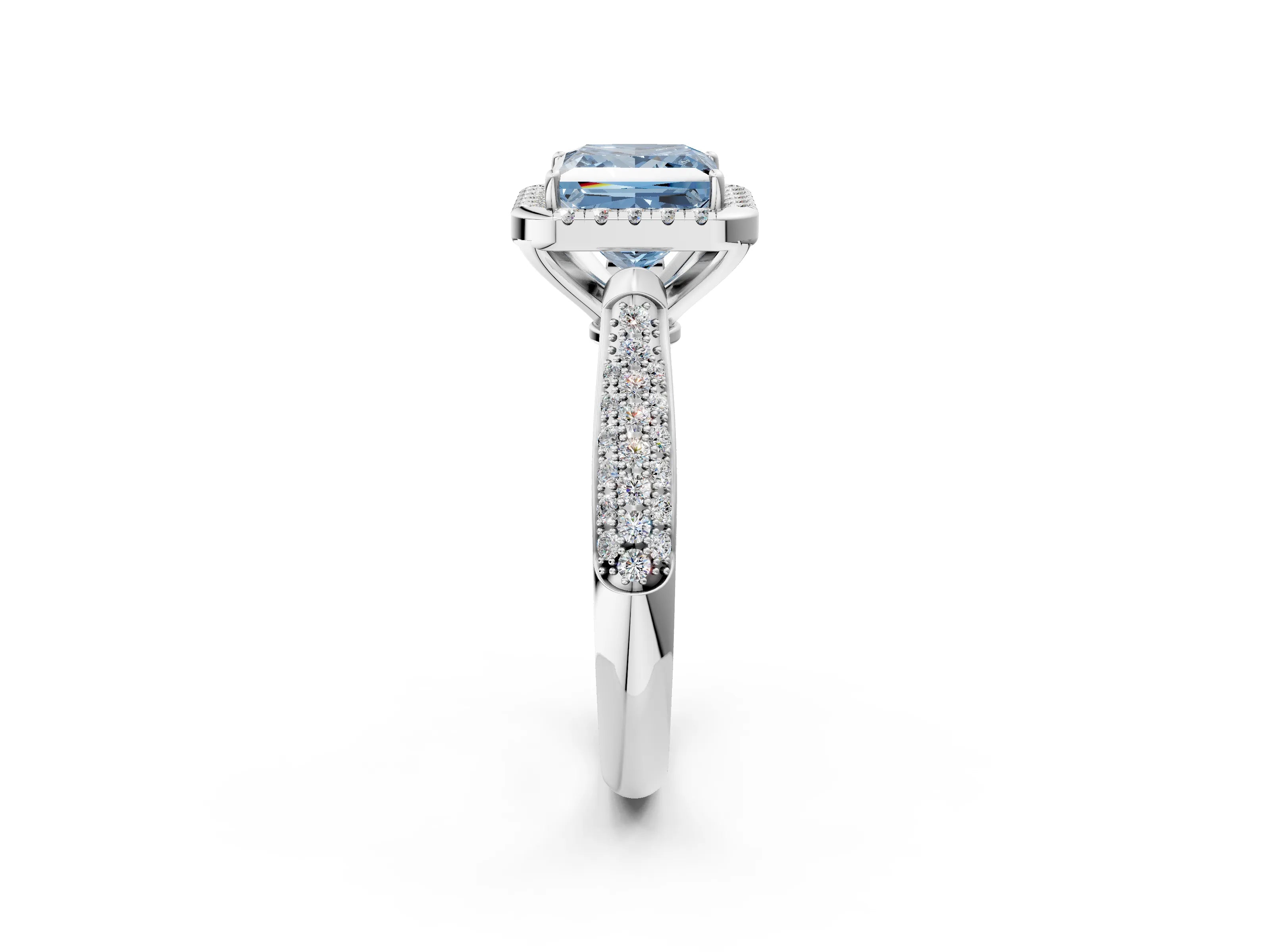 White gold Fancy Blue Princess Cut Halo Diamond Ring with Pavé Band_38