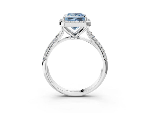 Platinum Fancy Blue Princess Cut Halo Diamond Ring with Pavé Band