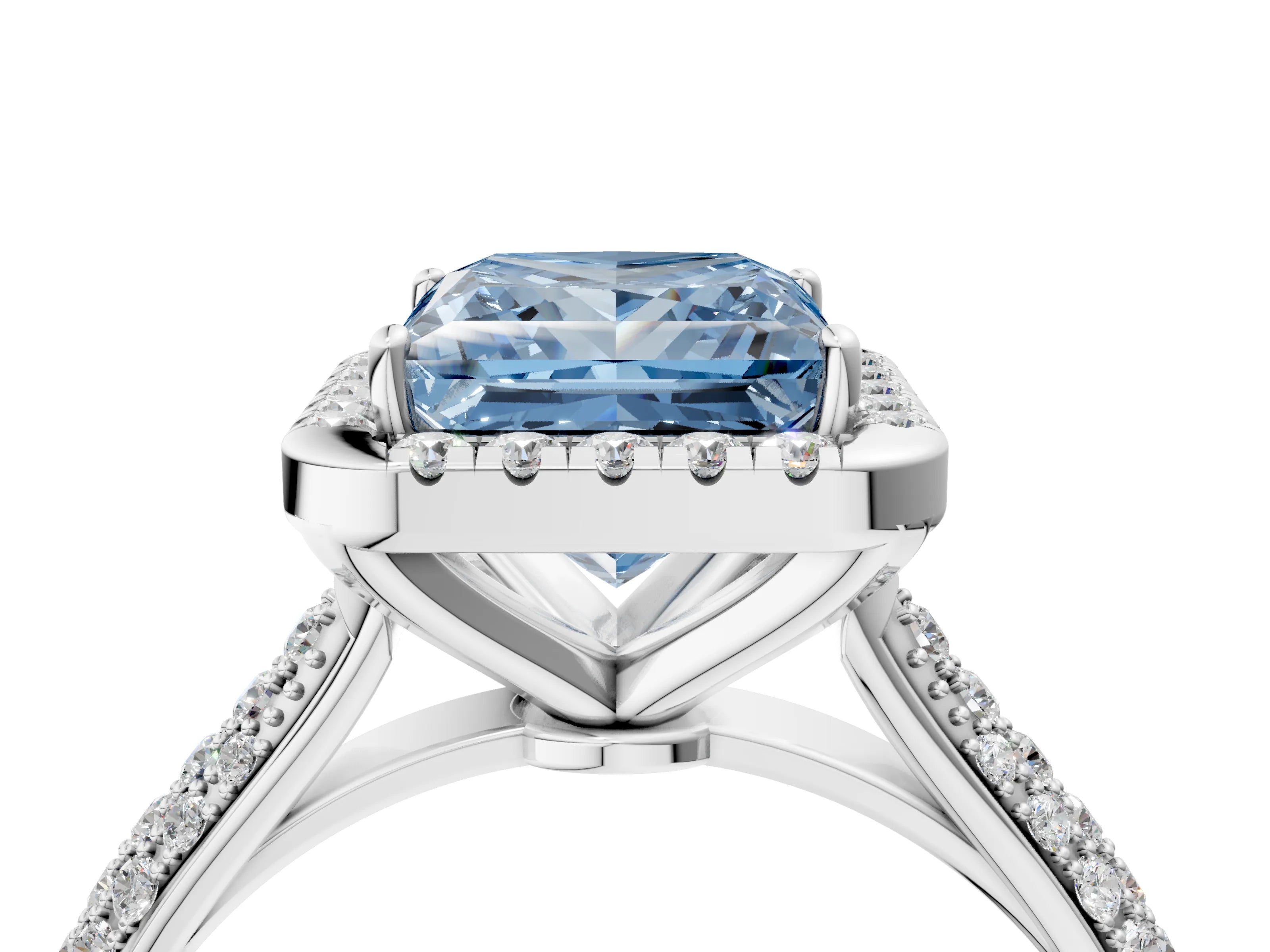 White gold Fancy Blue Princess Cut Halo Diamond Ring with Pavé Band_40