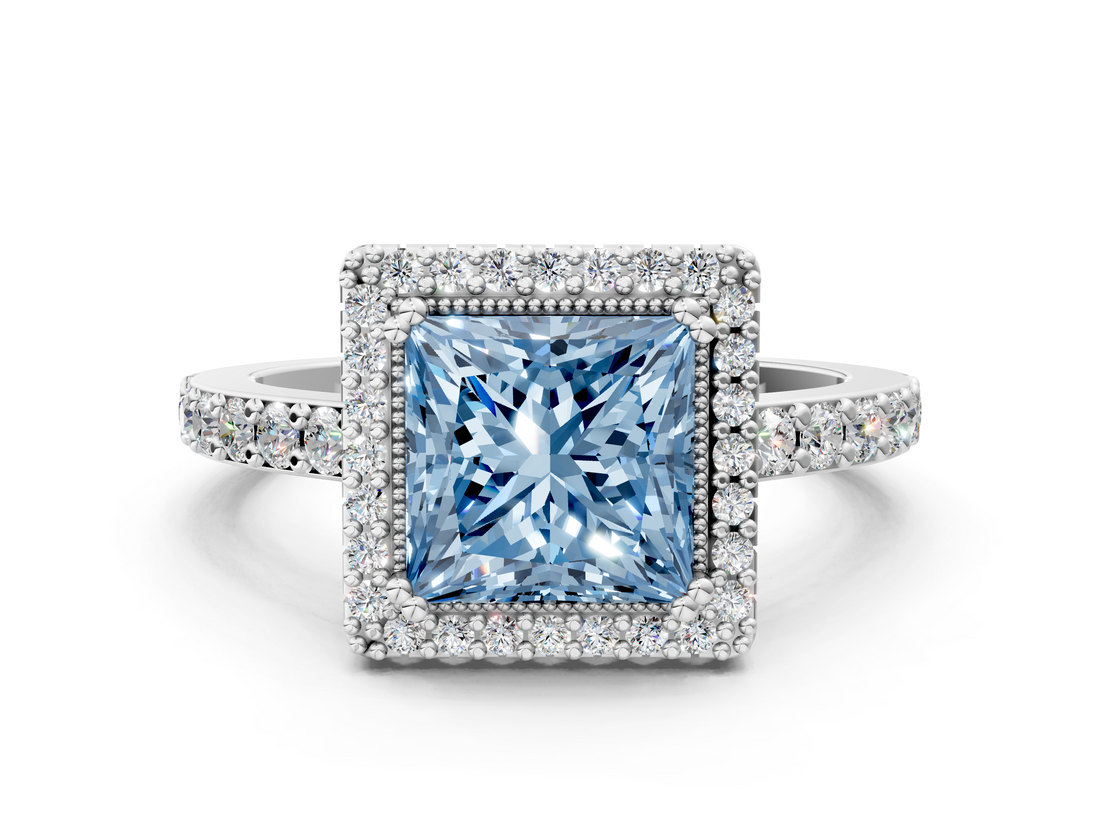 White gold Fancy Blue Princess  Cut Halo Diamond Ring with Pave Band and Four-Prong Setting_24