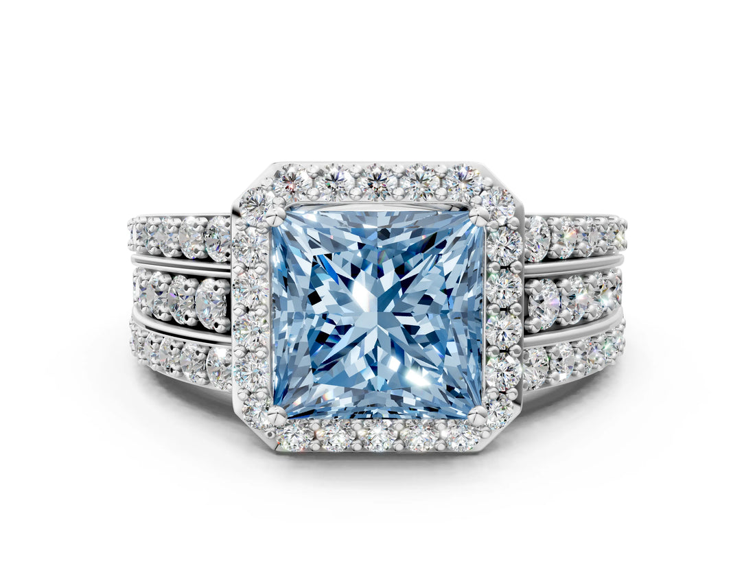 White gold Fancy Blue Princess Cut Halo Diamond Ring with Round  Split Shank and Prong Setting_125