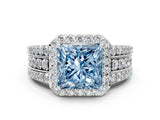 White gold Fancy Blue Princess Cut Halo Diamond Ring with Round  Split Shank and Prong Setting_125