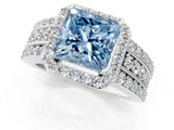 White gold Fancy Blue Princess Cut Halo Diamond Ring with Round  Split Shank and Prong Setting_127