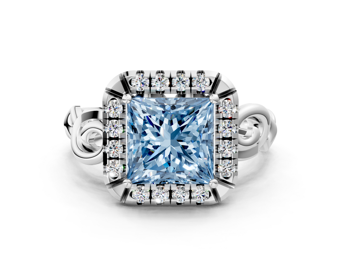 White gold Fancy Blue Princess  Cut Halo Diamond Ring with Scrollwork Band and Four-Prong Setting_46