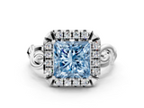 White gold Fancy Blue Princess  Cut Halo Diamond Ring with Scrollwork Band and Four-Prong Setting_46