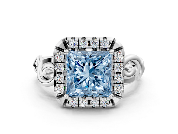 White gold Fancy Blue Princess  Cut Halo Diamond Ring with Scrollwork Band and Four-Prong Setting