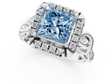White gold Fancy Blue Princess  Cut Halo Diamond Ring with Scrollwork Band and Four-Prong Setting_47
