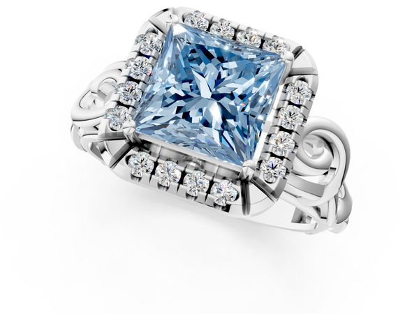 White gold Fancy Blue Princess  Cut Halo Diamond Ring with Scrollwork Band and Four-Prong Setting
