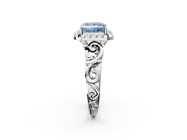 White gold Fancy Blue Princess  Cut Halo Diamond Ring with Scrollwork Band and Four-Prong Setting