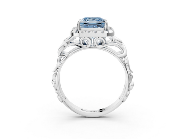 White gold Fancy Blue Princess  Cut Halo Diamond Ring with Scrollwork Band and Four-Prong Setting