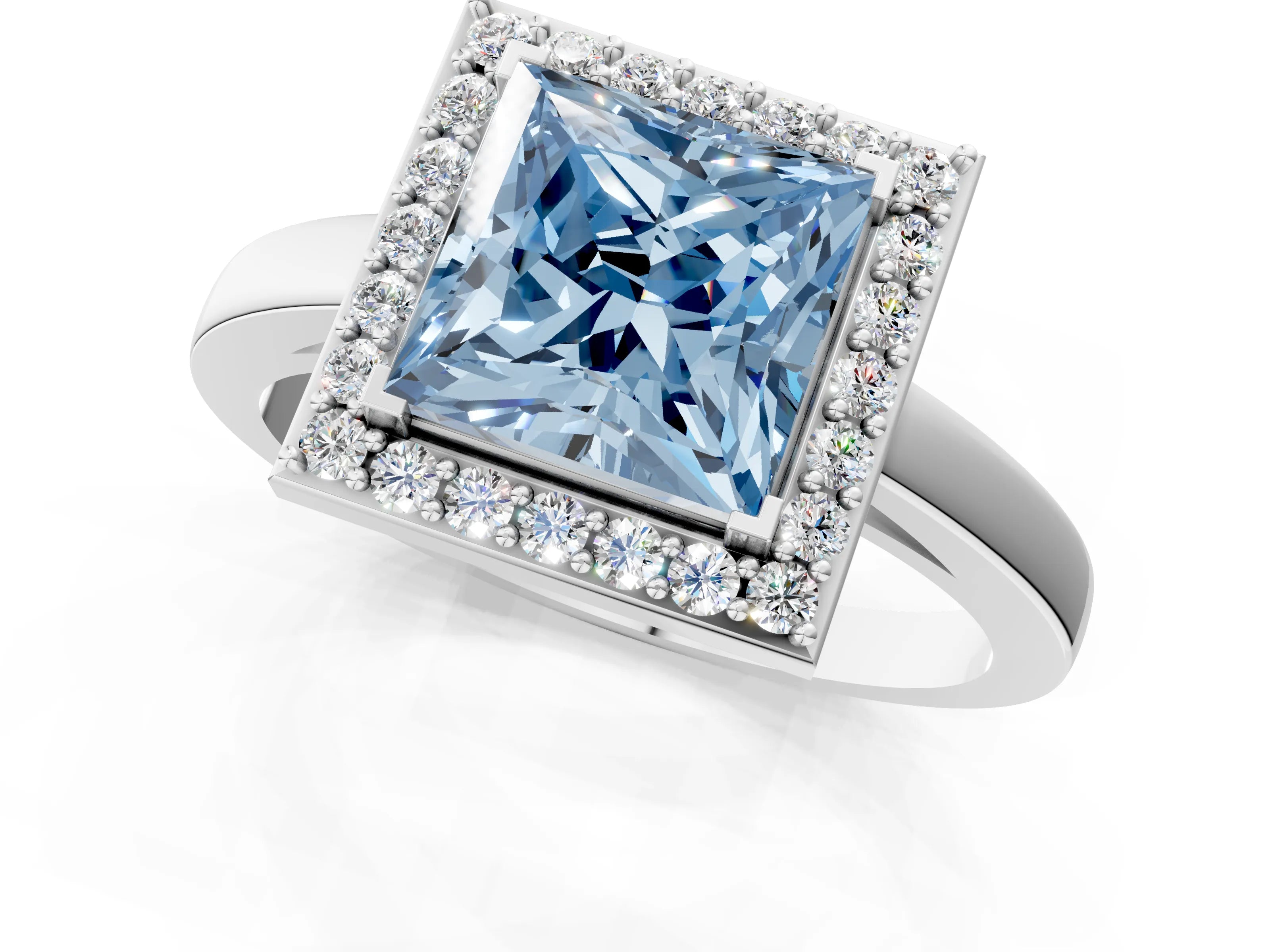 White gold Fancy Blue Princess Cut Halo Diamond Ring with Solitaire Band and Prong Setting_1