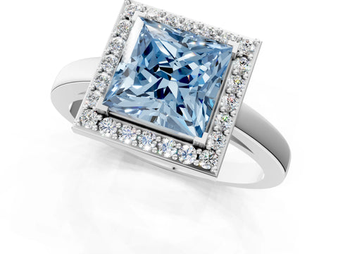 White gold Fancy Blue Princess Cut Halo Diamond Ring with Solitaire Band and Prong Setting_1