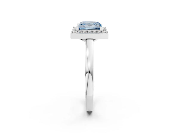 Platinum Fancy Blue Princess Cut Halo Diamond Ring with Solitaire Band and Prong Setting