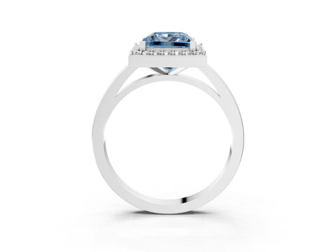White gold Fancy Blue Princess Cut Halo Diamond Ring with Solitaire Band and Prong Setting_3