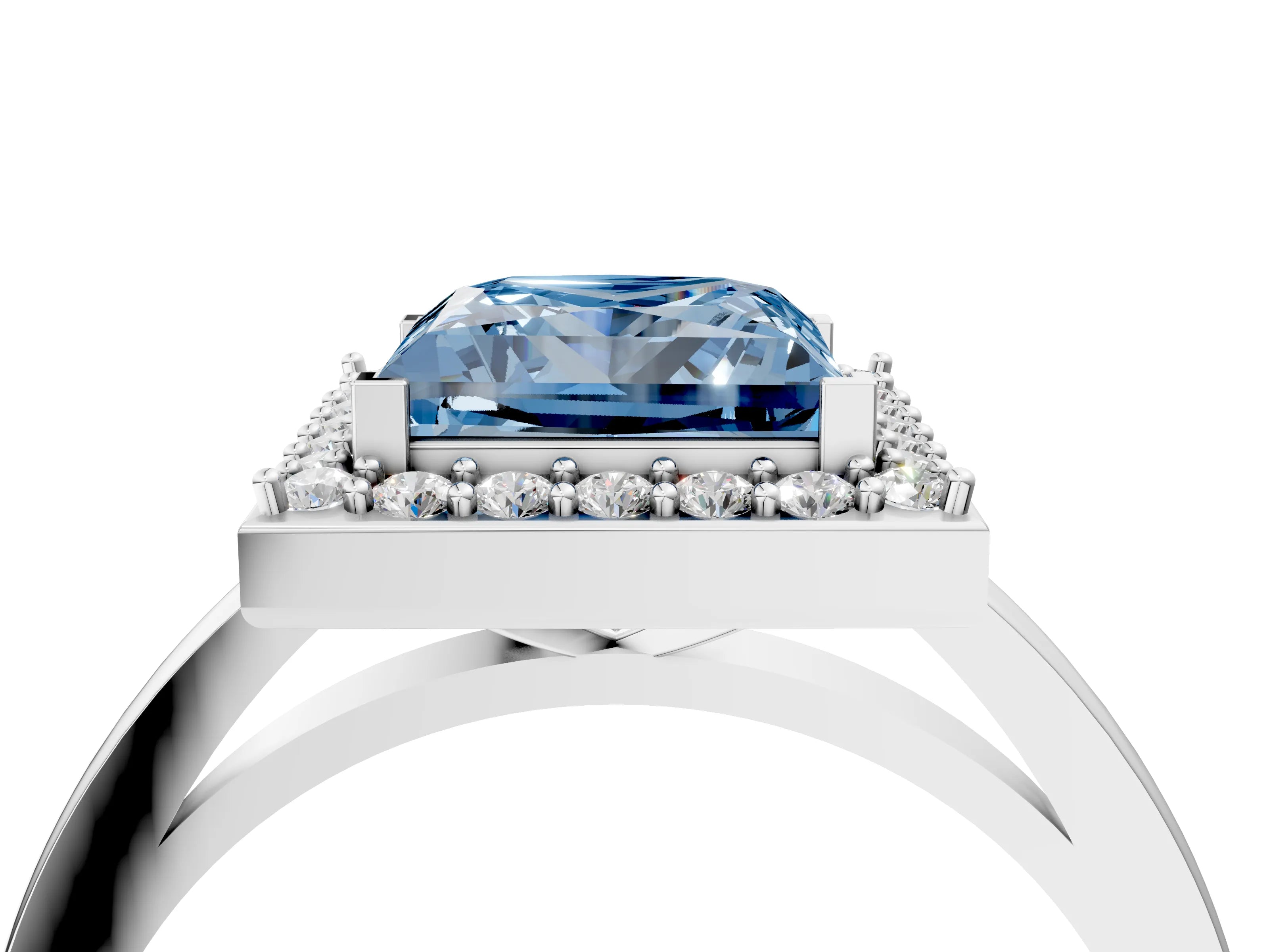 White gold Fancy Blue Princess Cut Halo Diamond Ring with Solitaire Band and Prong Setting_4