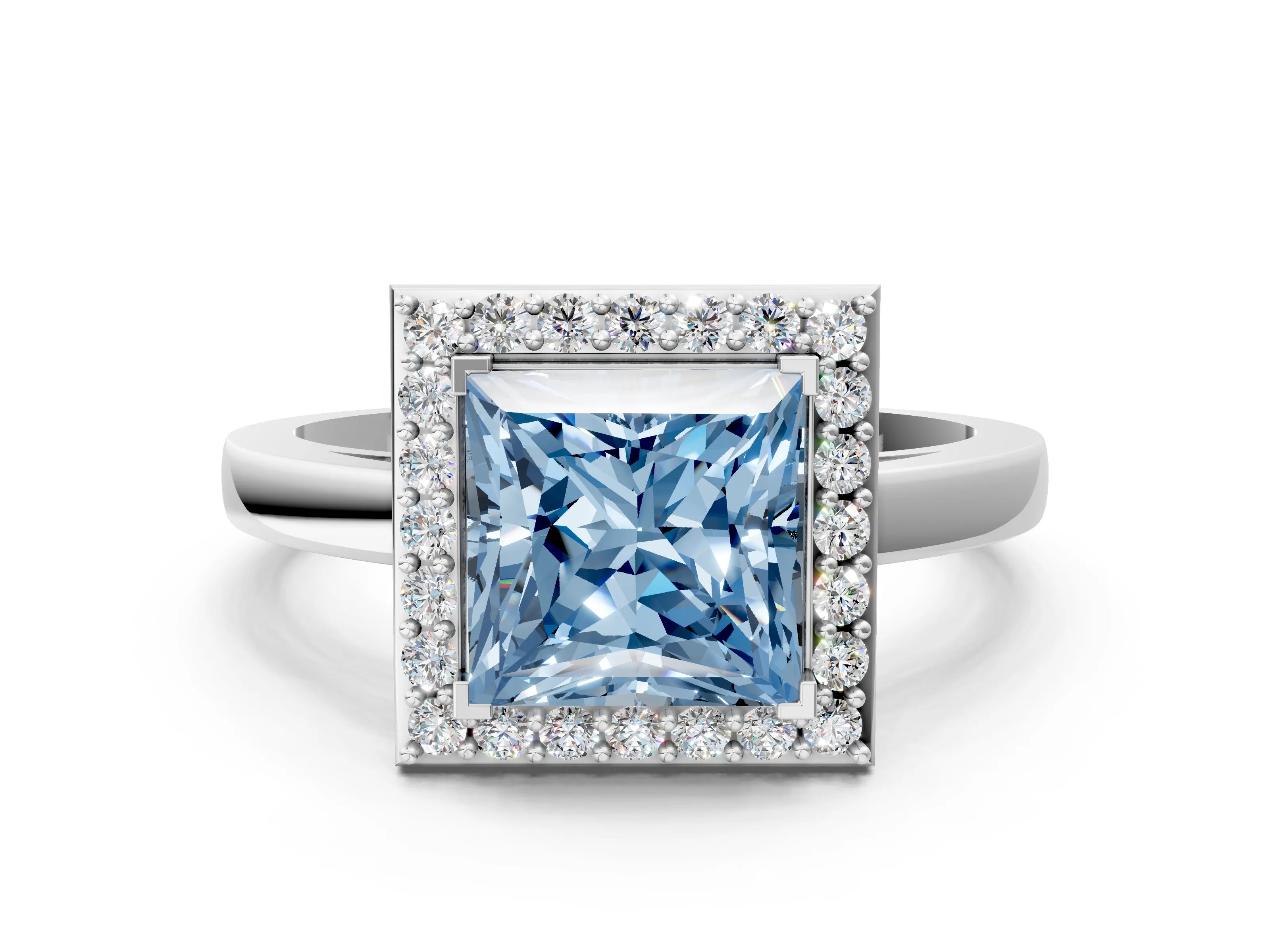 White gold Fancy Blue Princess Cut Halo Diamond Ring with Solitaire Band and Prong Setting