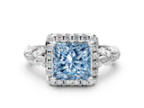 White gold Fancy Blue Princess Cut Halo Diamond Solitaire with Filigree Band and Four-Prong Setting_12