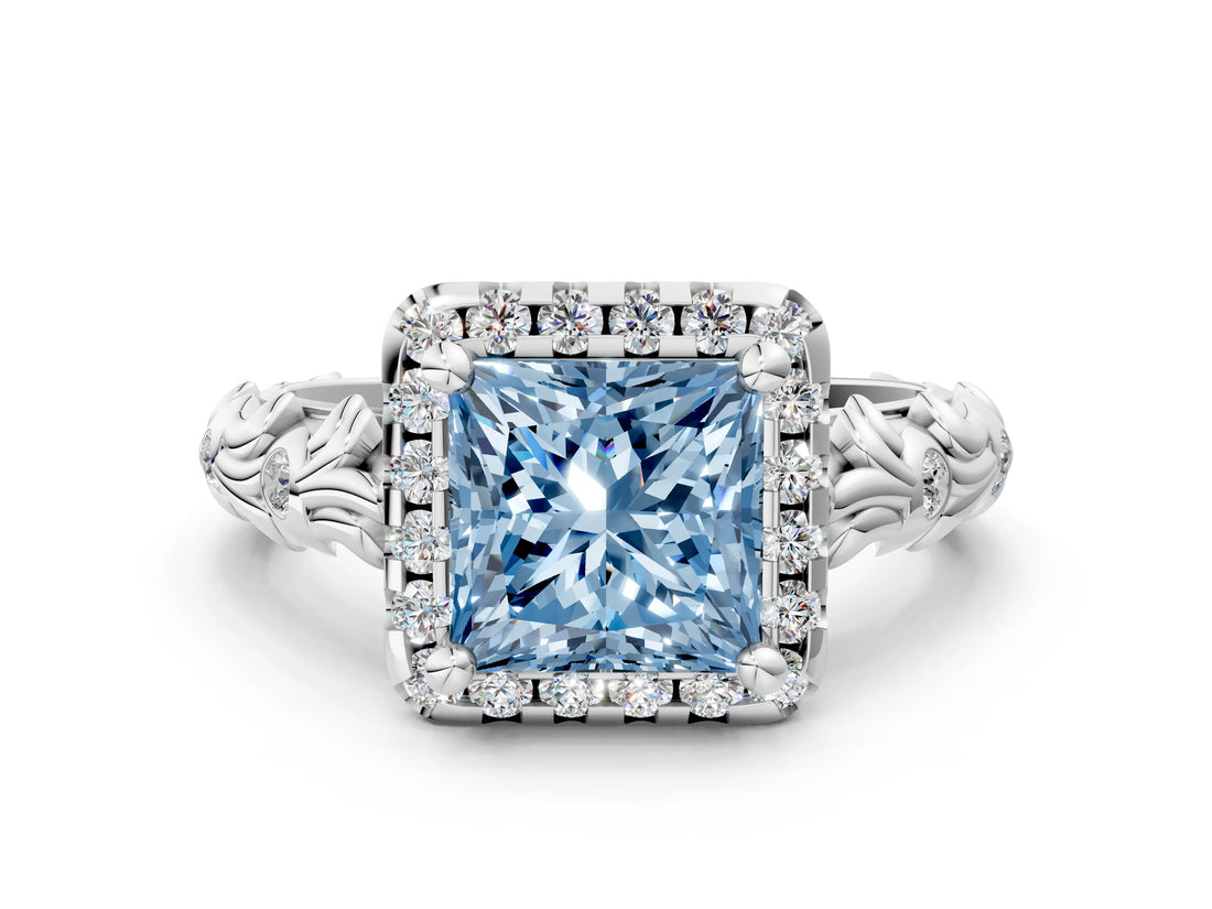 White gold Fancy Blue Princess Cut Halo Diamond Solitaire with Filigree Band and Four-Prong Setting_12