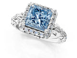 White gold Fancy Blue Princess Cut Halo Diamond Solitaire with Filigree Band and Four-Prong Setting_13