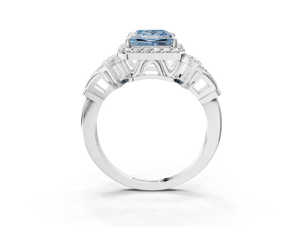 White gold Fancy Blue Princess Cut Halo Diamond Split Shank Engagement Ring with Four-Prong Setting