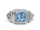 White gold Fancy Blue Princess Cut Halo Diamond Split Shank Engagement Ring with Four-Prong Setting