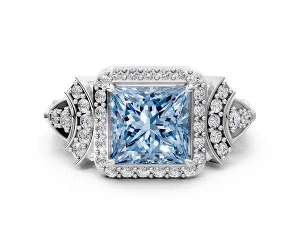 White gold Fancy Blue Princess Cut Halo Diamond Split Shank Engagement Ring with Four-Prong Setting